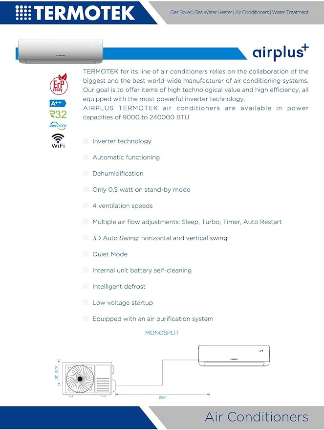 TERMOTEK AIRPLUS C9 - CLIMATIZZATORE 9000 BTU INVERTER A++ WIFI READY R32